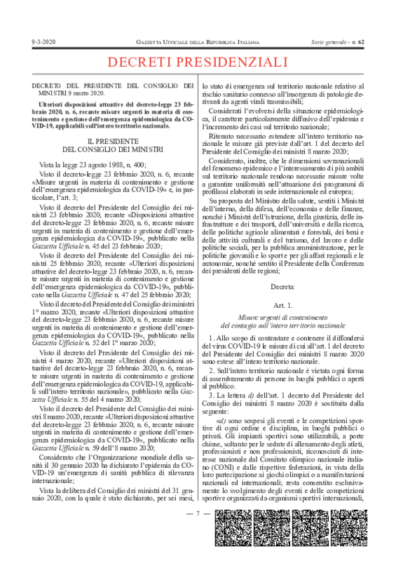 DPCM 09.03.20 (GU S.G. n. 62 del 09-03-2020)