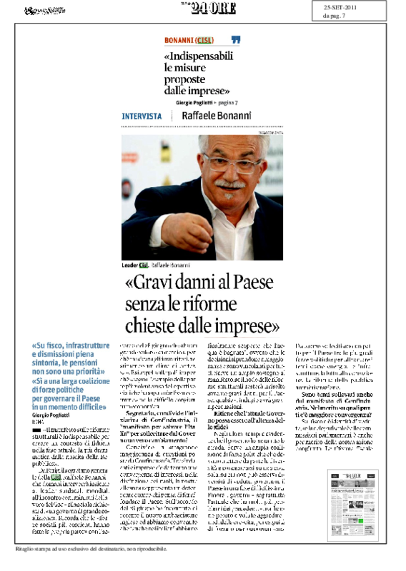 Il Sole 24 Ore del 25 settembre 2011. Intervista a Raffaele Bonanni