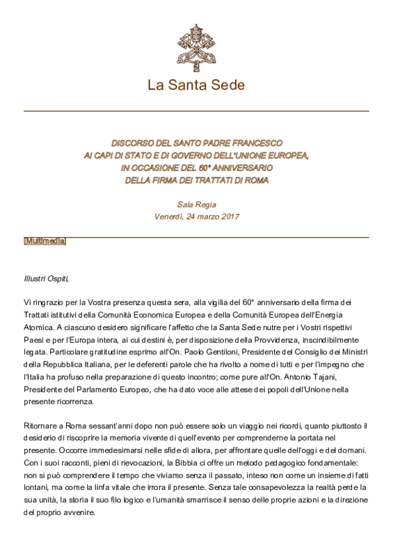 Discorso di Papa Francesco ai Capi di Stato UE_ 23_3_2017