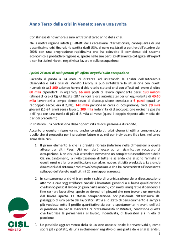 Veneto, Anno terzo della crisi: serve una svolta. Usr Cisl Veneto
