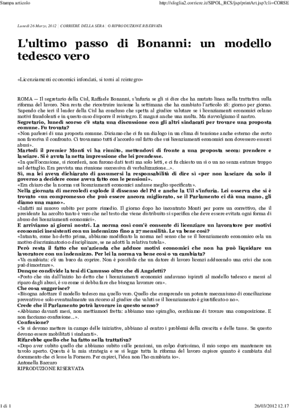 Il Corriere della Sera 26-03-2012 Intervista a Raffaele Bonanni