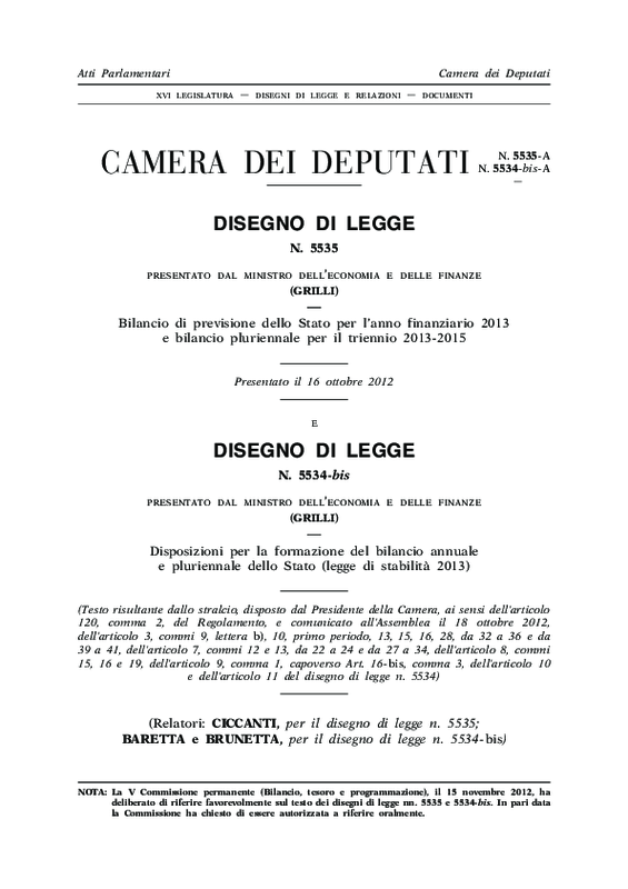 Camera Deputati - Testo legge di stabilità approvato il 22 novembre 2012