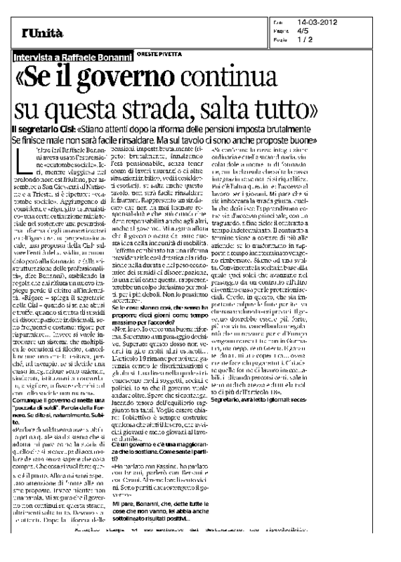 L'Unità 14-3-2012. intervista Bonanni