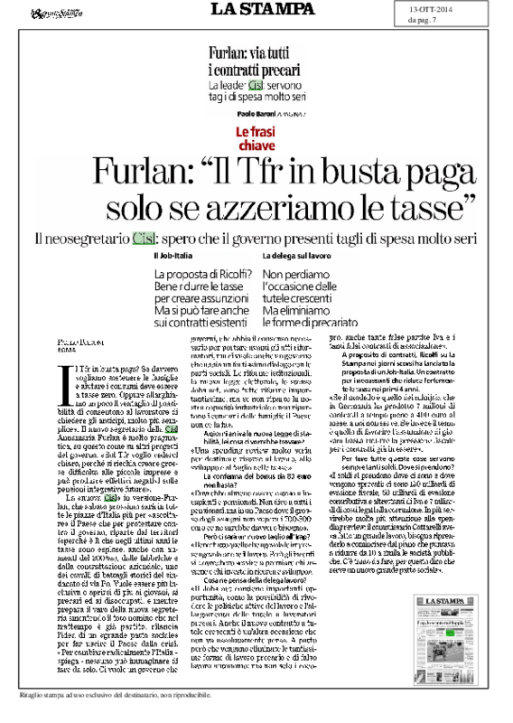 Intervista a Annamaria Furlan su "La Stampa" del 13 ottobre 2014