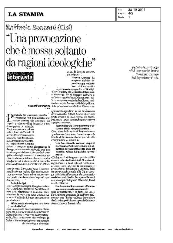 La Stampa. intervista a Raffaele Bonanni. 28 ottobre 2011