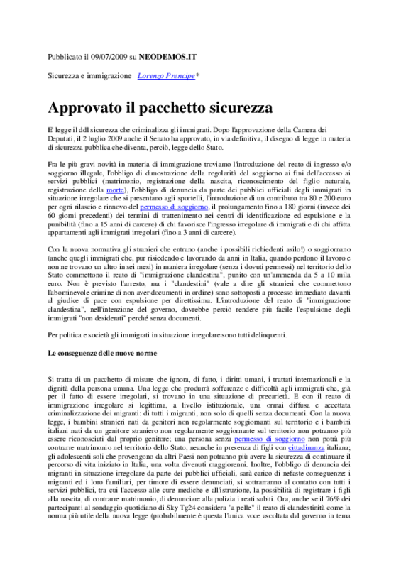 Lorenzo Prencipe. Approvato il Pacchetto Sicurezza. Neodemos.it del 9 luglio 2009