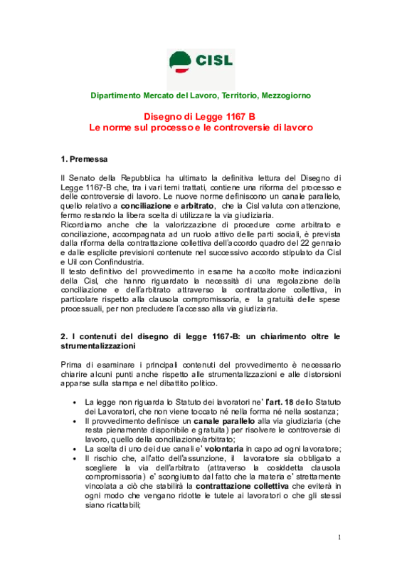 CISL, scheda di lettura del testo Senato 1167-B