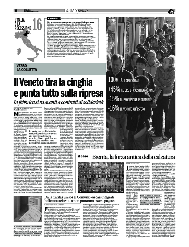 Avvenire, 30 maggio 2009. Pag.8. Il Veneto tira la cinghia