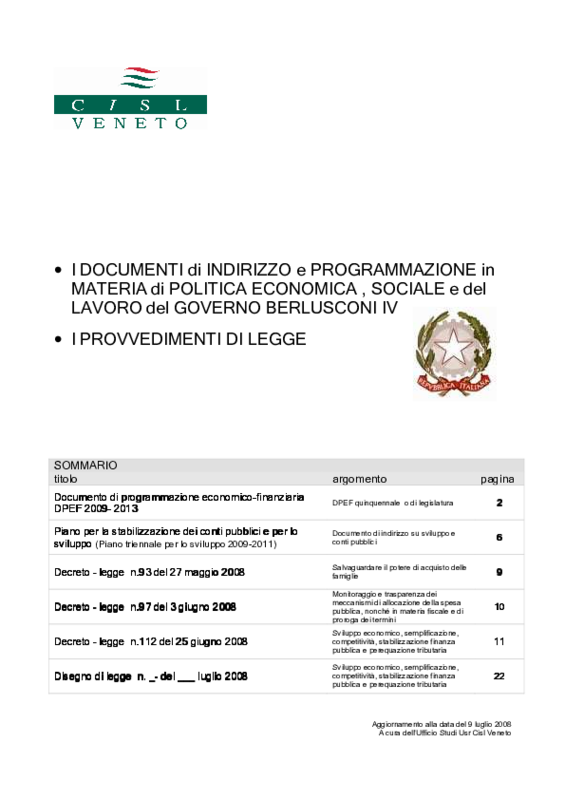Cisl Veneto, Manovra economica: sintesi dei documenti di programmazione e di indirizzo, i provvedimenti legislativi  