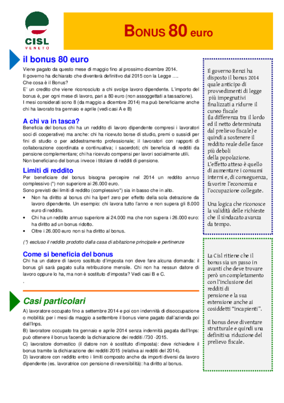 Cisl Veneto -  Volantino Bonus 80 euro