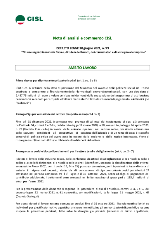 Nota di analisi e commento Cisl DL 30 giugno 2021 n. 99