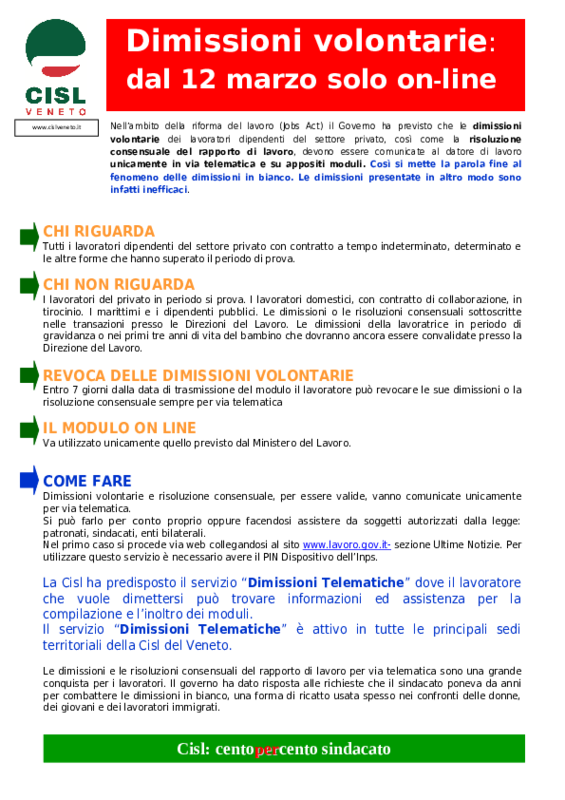 Volantino CISL - Dimissioni telematiche