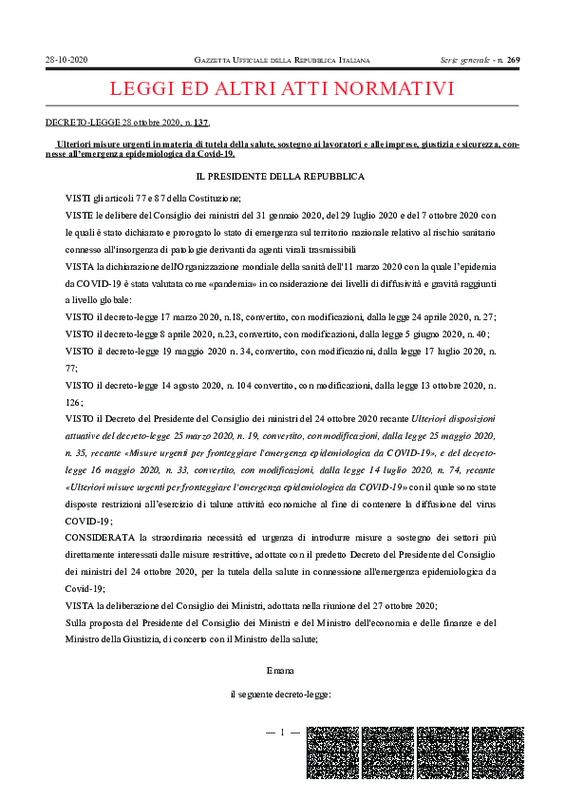 DECRETO-LEGGE 28.10.2020, n. 137