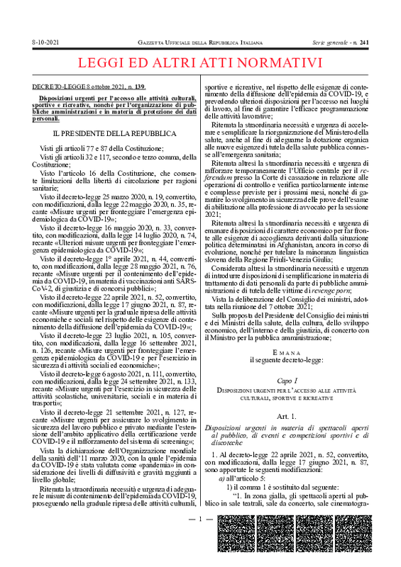 Decreto Legge 8 ottobre 2021, n. 139 (G.U. SG n. 241 08.10.2021)