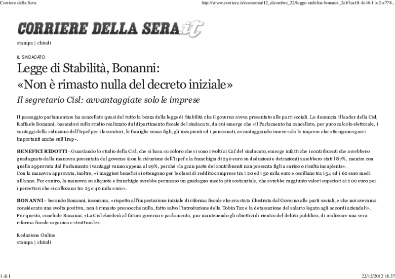 Legge stabilità Bonanni Corriere 22 dicembre 2012