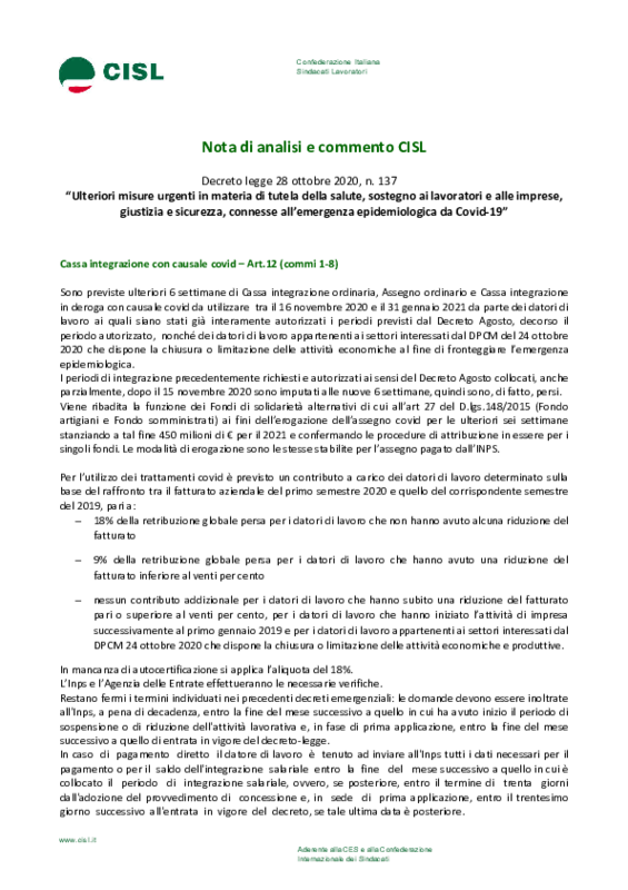 Nota di analisi e commento CISL_DL Ristori