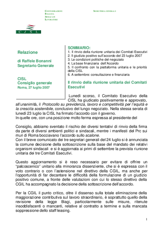 Relazione Bonanni Consiglio Generale CISL del 27 Luglio 2007