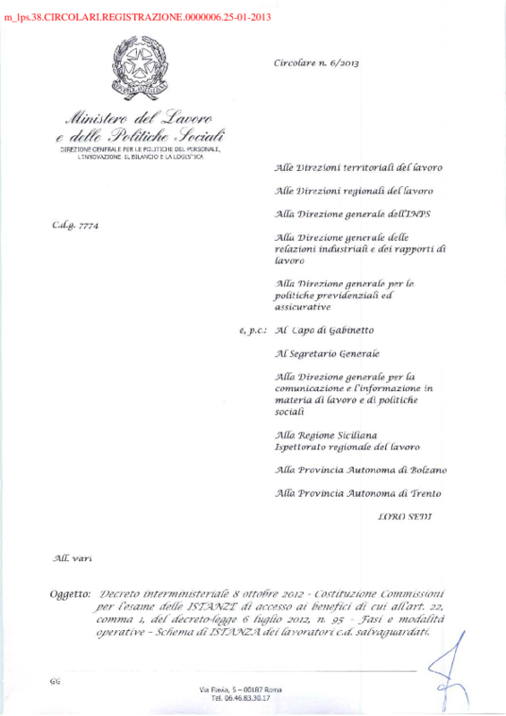 Esodati_ Ministero del lavoro_circolare nr 6 del 25 gennaio 2013_ modalità operative per salvaguardia 55.000