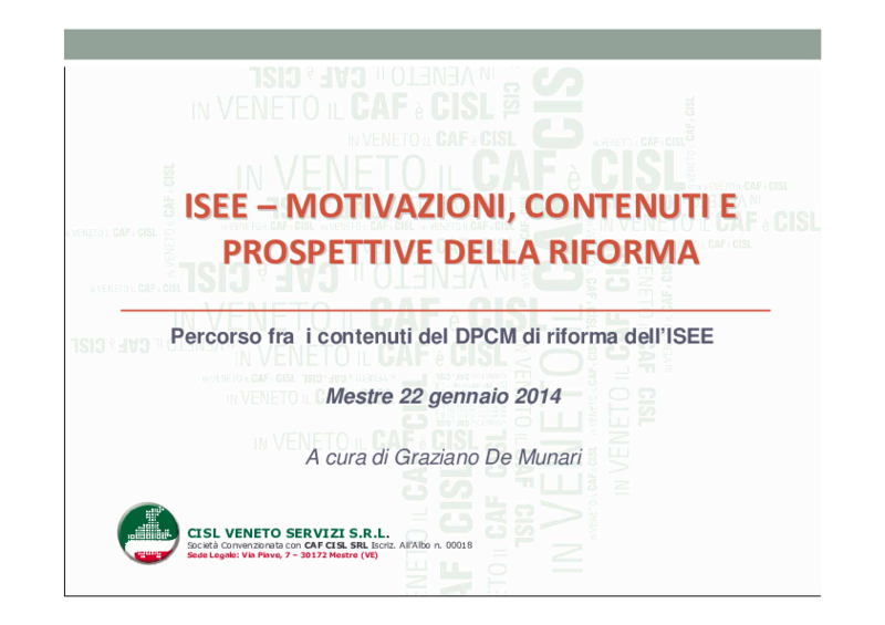 Nuovo ISEE - slide a cura di G.De Munari_Cisl Veneto Servizi - 22-1-2014